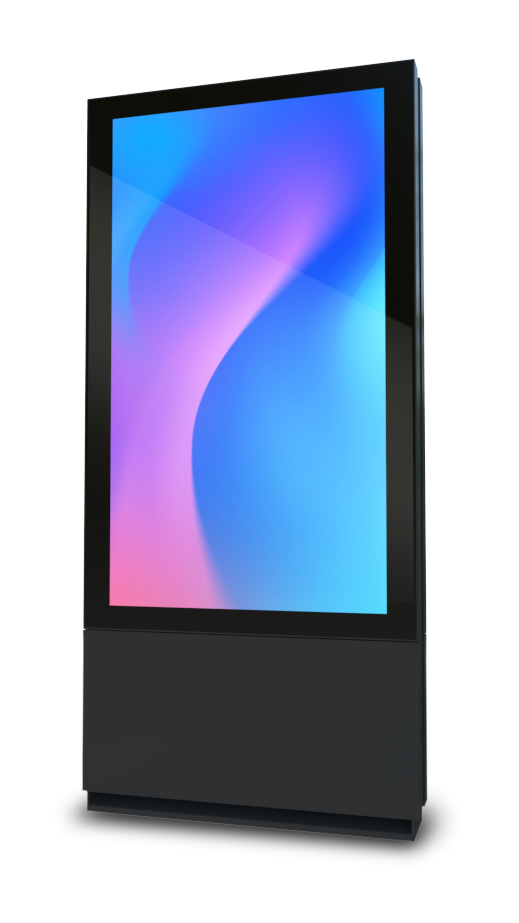 A large digital LCD display with a metallic black frame and a colorful design in the screen