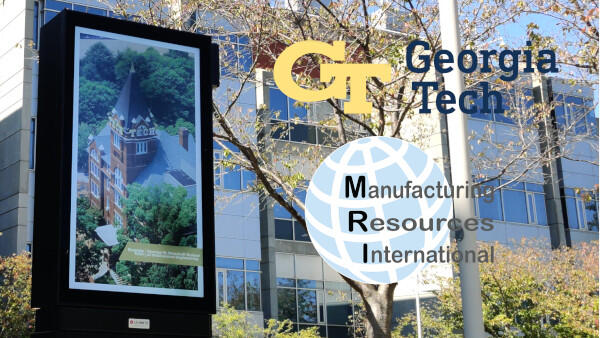 Georgia Tech and MRI branding over a campus scene with a digital kiosk