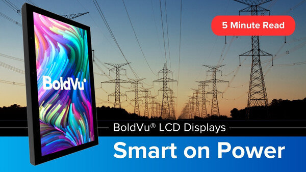 Marketing banner for BoldVu LCD displays with power lines and a colorful screen
