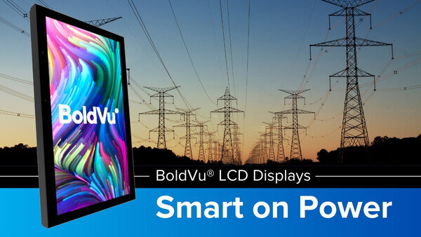 Marketing banner for BoldVu LCD displays with power lines and a colorful screen