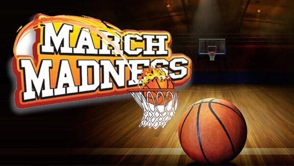 March Madness basketball graphic with hoop and ball on a court
