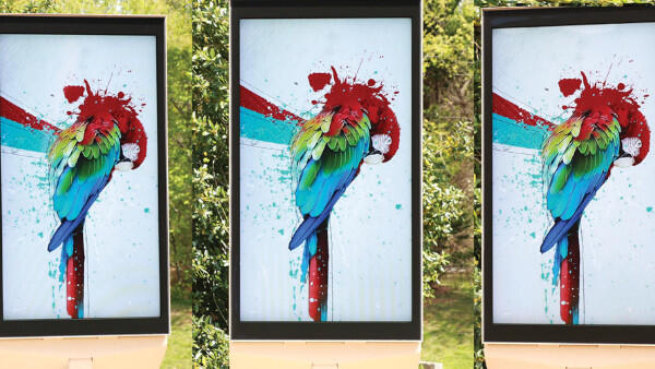 three digital displays at different angles with consistent color and visibility