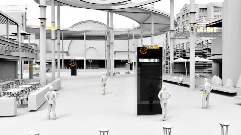 A black and white rendering of a common retail area with a digital display and shoppers