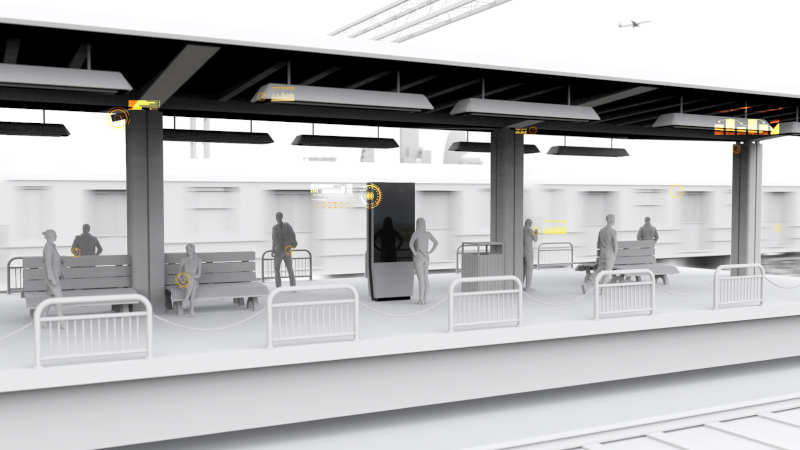 A black/white rendering of a train station with passengers waiting next to a digital display