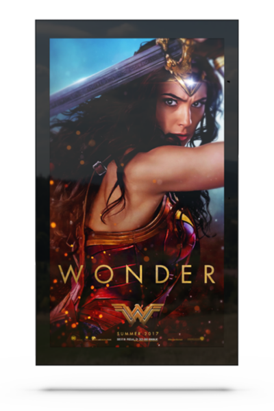 Wonder woman in a movie poster on a large digital display