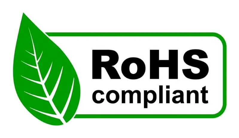 A large green leaf on a logo that reads RoHS compliant with black text on white rectangle
