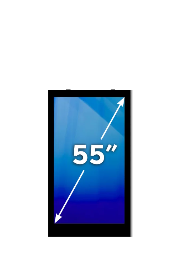 A graphic of a digital display and white text/arrow indicating 55 inche hypotenuse