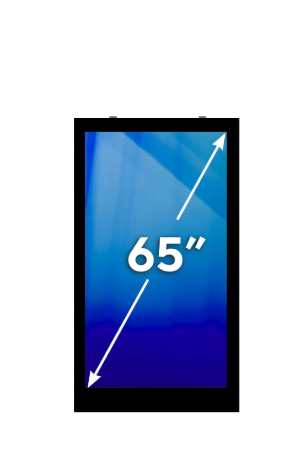 A graphic of a digital display and white text/arrow indicating 65 inche hypotenuse