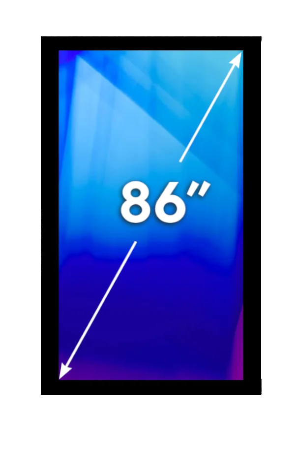 A graphic of a digital display and white text/arrow indicating 86 inche hypotenuse