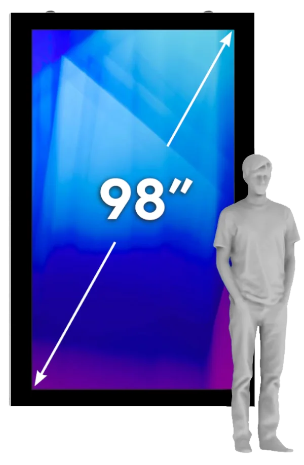 A graphic of a digital display and white text/arrow indicating 98 inche hypotenuse next to grey figure of a person