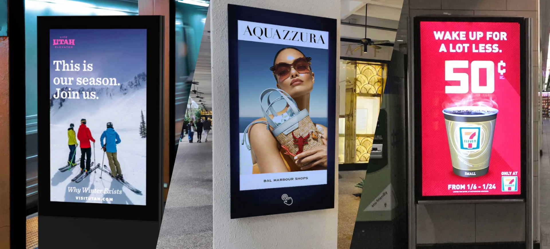 Three covered digital signage with colorful advertisements all in shaded areas