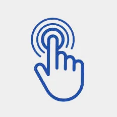 a blue line-art icon of a hand touching
