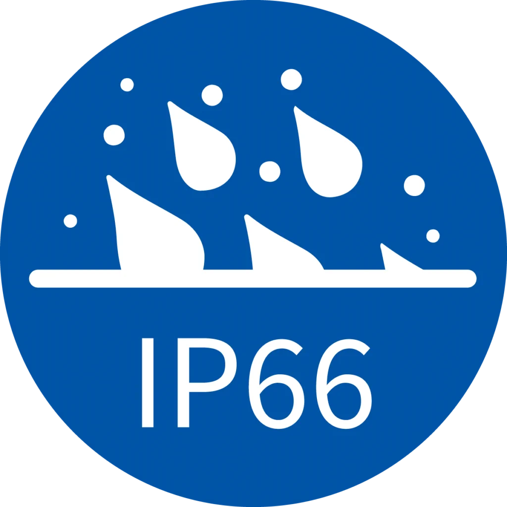 A blue circle with a white lined icon in the center representing snow / rain fall and IP66