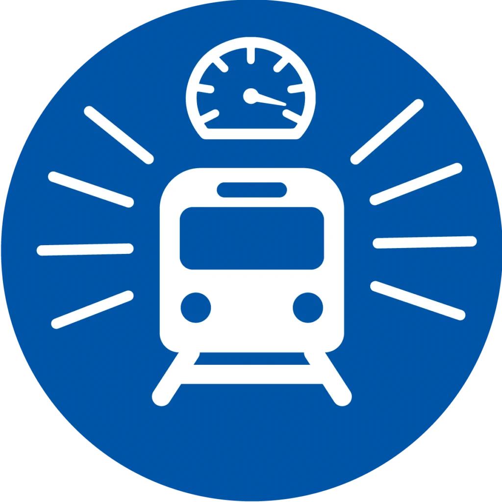 A blue circle with a white lined icon in the center representing a train and a gauge measuring pressure