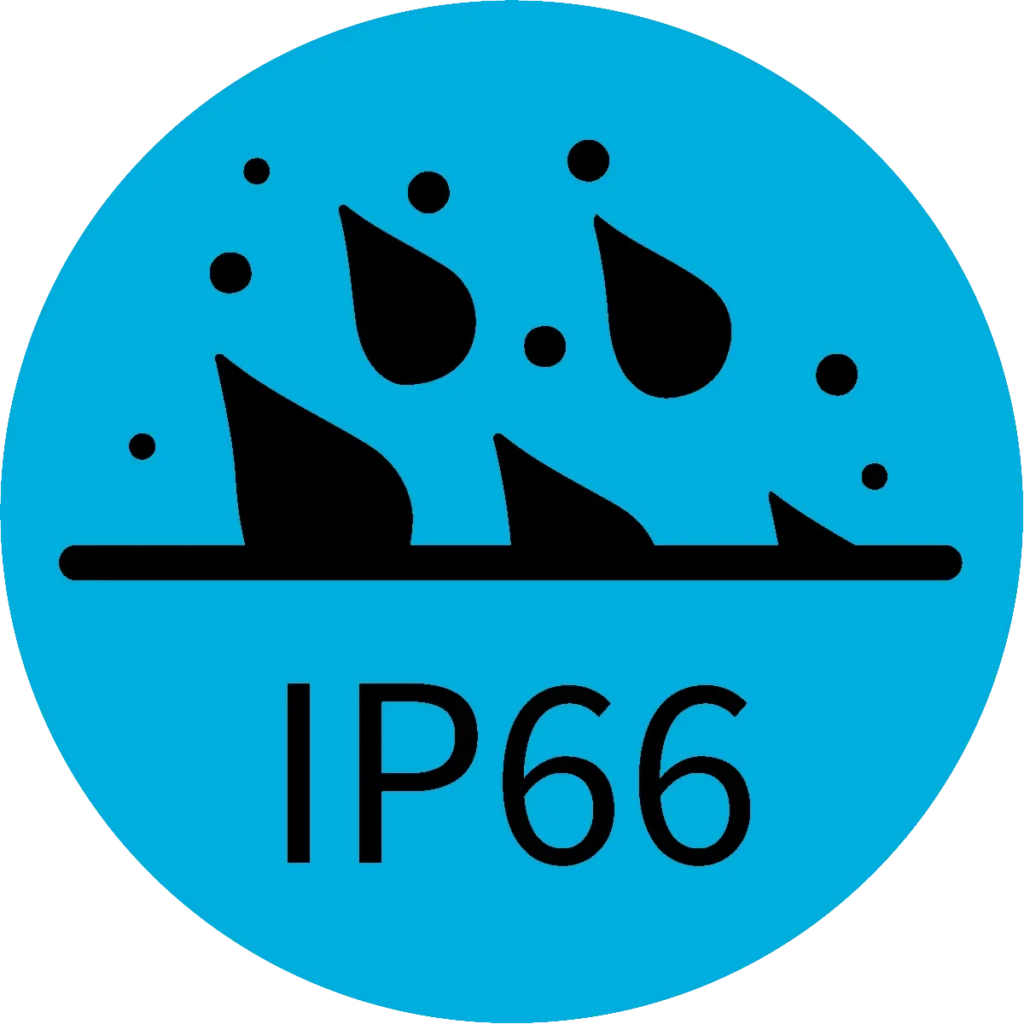 Icon of water splash droplets over a line with IP66 text below