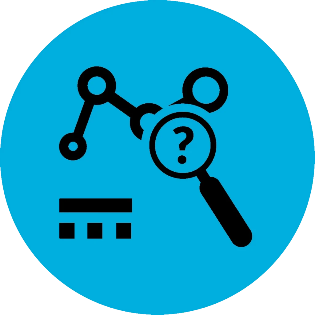 Icon of connected nodes and magnifying glass with a question mark