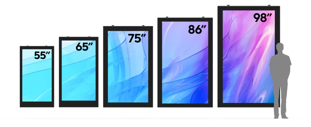 a variety of LCD displays with their sizes 55, 65, 75, 86, 98 inch