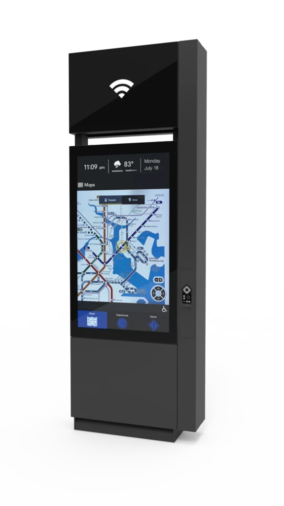 A street level kiosk with 5G LTE antenna showing an interactive transit map